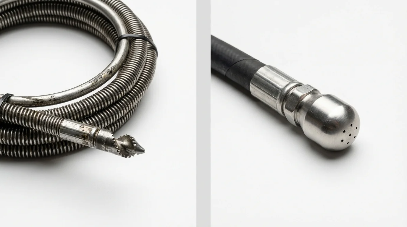 Drain snake cable and hydro jetting nozzle used for drain cleaning in Clarksville, IN