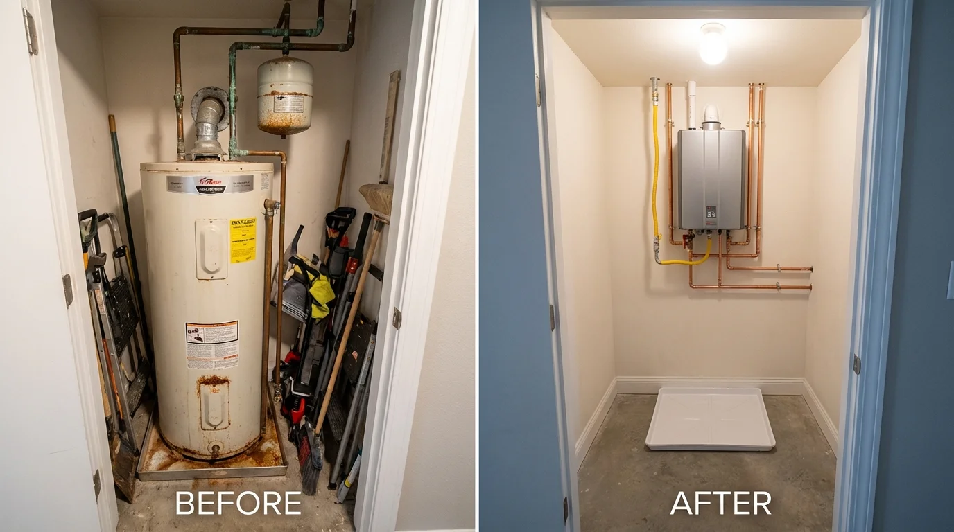 Tank water heater versus wall-mounted tankless unit comparison for Clarksville, IN homeowners