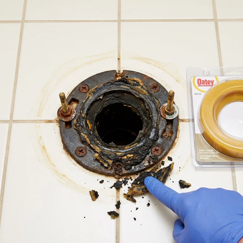 Failed wax ring showing water seepage at the base of a toilet in a Clarksville, IN home
