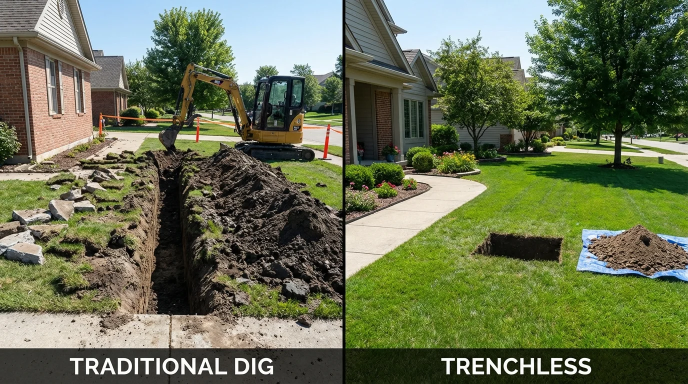 Trenchless sewer repair with minimal yard damage versus traditional excavation in Clarksville, IN