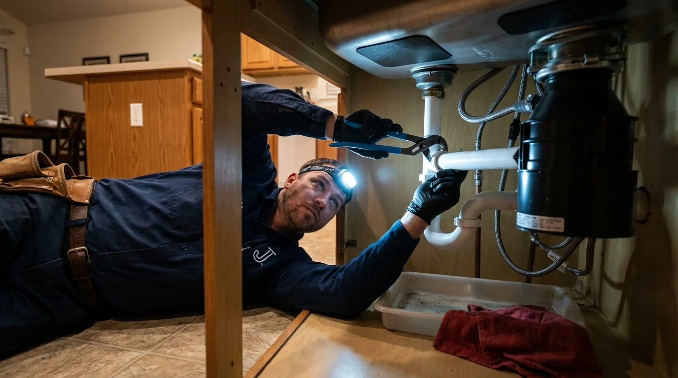 P-trap and supply line connections under a kitchen sink showing a common leak point in Clarksville, IN